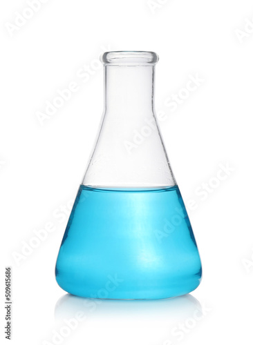 Laboratory flask with light blue liquid isolated on white