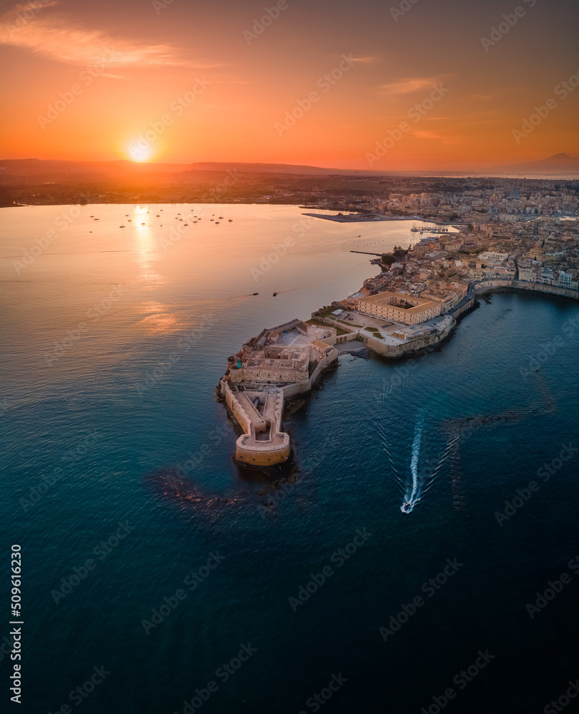 Aerial view over the Island of Ortigia in Syracuse, Sicily, Italy