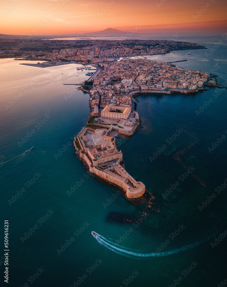 Aerial view over the Island of Ortigia in Syracuse, Sicily, Italy