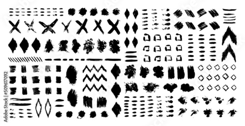 Grunge design elements set. Grunge shapes collection for patterns or backdrops. Paint stains and brush strokes. Tribal ethnic style. Grungy ink spots and drops.