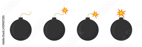 Bomb with burning wick set. Dynamite ball weapon flat element collection. Boom effect. Vector isolated on white.
