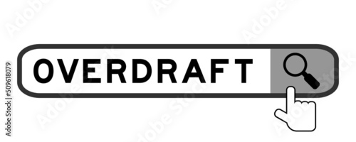 Search banner in word overdraft with hand over magnifier icon on white background