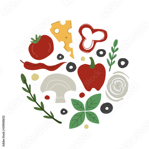 Italian pizza ingredients with tomato and mushrooms for your design