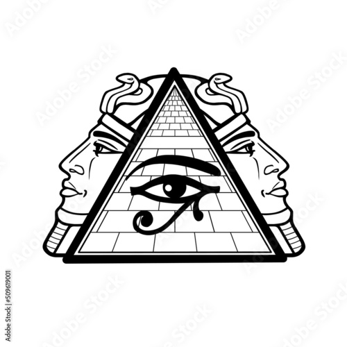 Animation monochrome drawing: symbol of  Egyptian pyramid, eye of Horus, profile of the pharaoh.Vector illustration isolated on a white background. Print, poster, T-shirt, logo.