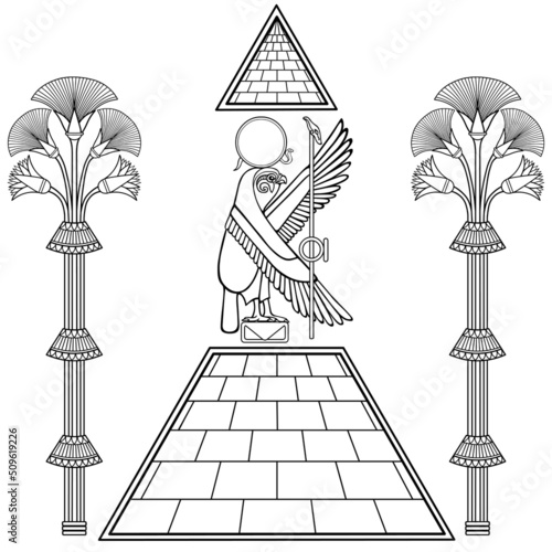 Animation linear drawing: Divine Falcon sits atop  pyramid. Ornamental trees. Vector illustration isolated on a white background. Print, poster, T-shirt