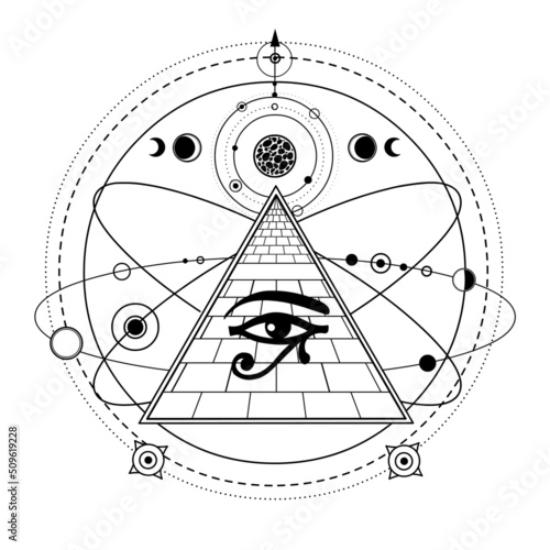 Animation monochrome drawing: symbol of  Egyptian pyramid, eye of Horus, cosmic symbols, orbits of planets. Vector illustration isolated on a white background. Print, poster, T-shirt, logo.