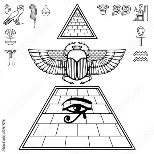 Animation linear drawing: Divine scarab beetle sits atop  pyramid. Eye of  god Horus. Set of hieroglyphs. Vector illustration isolated on a white background. Print, poster, T-shirt