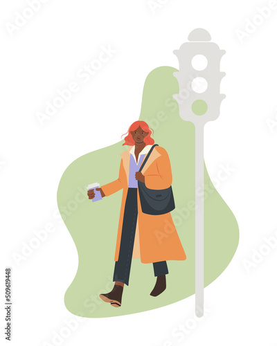 Hand drawn modern city girl in trench coat walking with coffee, flat street style vector illustration