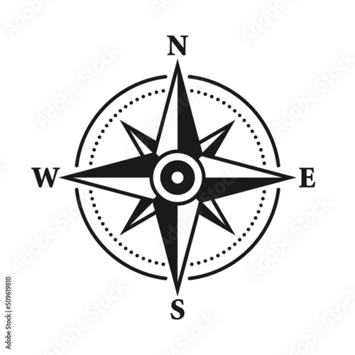 Vintage marine wind rose, nautical chart. Monochrome navigational compass with cardinal directions of North, East, South, West. Geographical position, cartography and navigation. Vector illustration.
