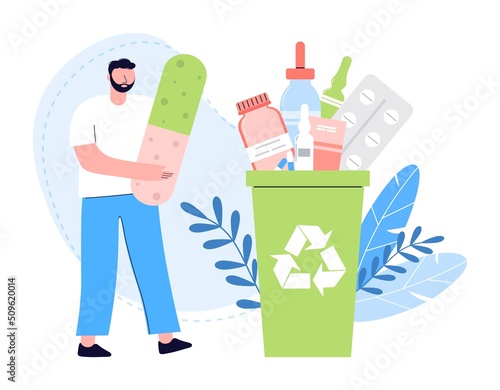 Male character collects medical supplies in trash can. Waste pollution concept. Small man carries medicines to trash can. Waste bin for expired medicines. Garbage bin for drugs.