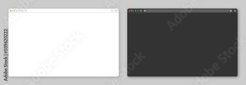 Blank web browser window with toolbar and search field. Modern website, internet page in flat style. Browser mockup for computer, tablet and smartphone. Light and dark mode. Vector illustration