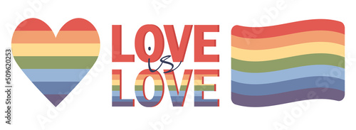 LGBT pride icon set. Love is love. Lesbian, gay, bisexual, transgender concept love symbol. Human rights and tolerance. Color rainbow flag. Vector flat illustration 