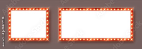Marquee frames with red border, retro casino signboards with white background. Vintage circus banners with yellow light bulbs. Vector illutration.