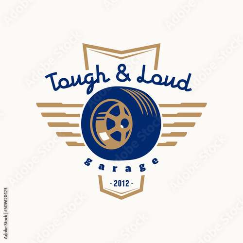 Winged tyre logo template. Vintage style vector illustration element for retro design label. Suitable for garage, shops, tires, car wash, car restoration, repair and racing. Garage logo design