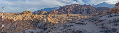 Alabama Hills at sunset with Lone Pine Peak in the background, Eastern Sierra, California, USA. photo