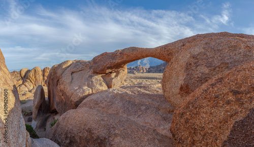 Alabama Hills at sunset with Lone Pine Peak in the background, Eastern Sierra, California, USA.