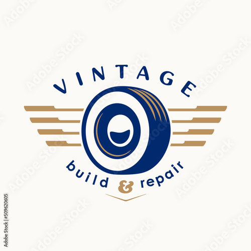 Winged tyre logo template. Vintage style vector illustration element for retro design label. Suitable for garage, shops, tires, car wash, car restoration, repair and racing. Garage logo design