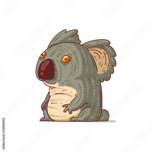 A Koala, isolated vector illustration. Funny cartoon picture of a dreamy koala bear sitting. A humorous koala sticker. Simple drawing of a baby koala on white background. An animal of Australia.