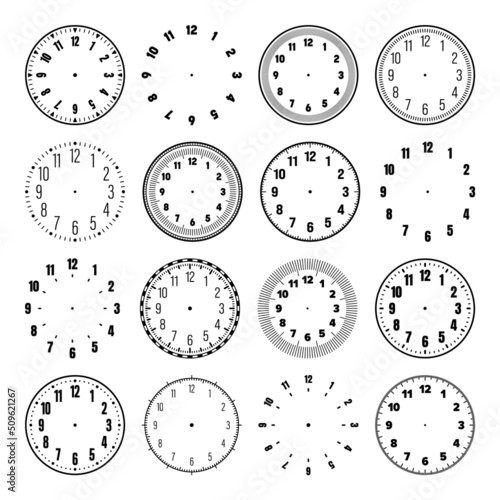 Mechanical clock faces with arabic numerals, bezel. Watch dial with minute, hour marks and numbers. Timer or stopwatch element. Blank measuring circle scale with divisions. Vector illustration