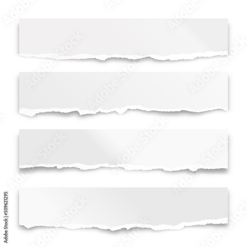Ripped paper strips isolated on white background. Realistic crumpled paper scraps with torn edges. Shreds of notebook pages. Vector illustration.