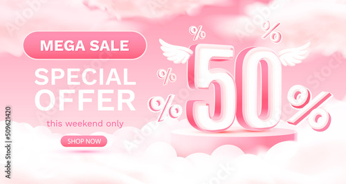 Mega sale special offer 50, Stage podium percent, discount sale. Vector
