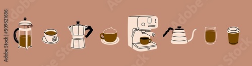 Isolated Coffee icons set. French press, coffee machine, mug, cup, milk pitcher, kettle. Collection for menu, coffee shop. Coffee brewing concept. Hand drawn modern Vector illustration