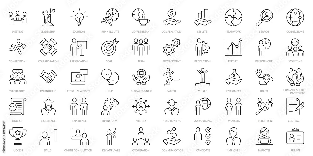 Business people 50 icons set. Human resources, office management - thin line web icon set. Businessman outline icons collection. Outline icons collection.