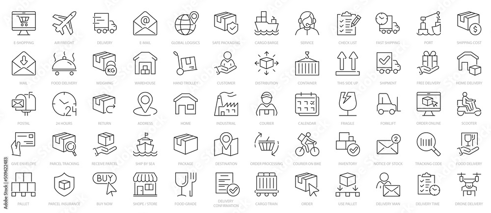 Delivery line icons set. 60 icon delivery, shipping, logistics symbols. Outline icons collection. - obrazy, fototapety, plakaty 