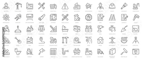 Construction line icons set. 60 Outline web icon set construction  home repair tools. Construction vehicle  elements  tools.