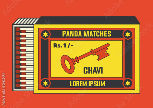 Key (chavi) icon. illustration in Matchbox and matches vector illustration. Vintage and antique matchbox packaging design illustration. retro style packaging. old style design. open box and template.