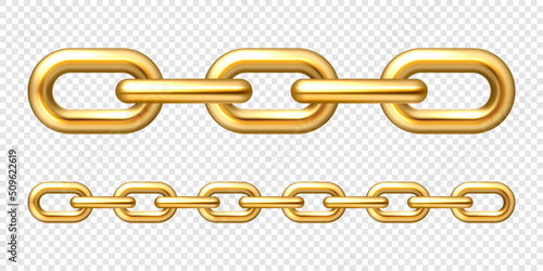 Realistic gold plated metal chain with golden links on checkered background. Vector illustration.
