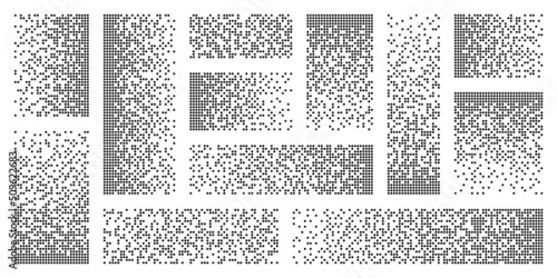 Pixel disintegration, decay effect. Various rectangular elements made of round shapes. Dispersed dotted pattern. Mosaic texture with simple particles. Vector illustration.