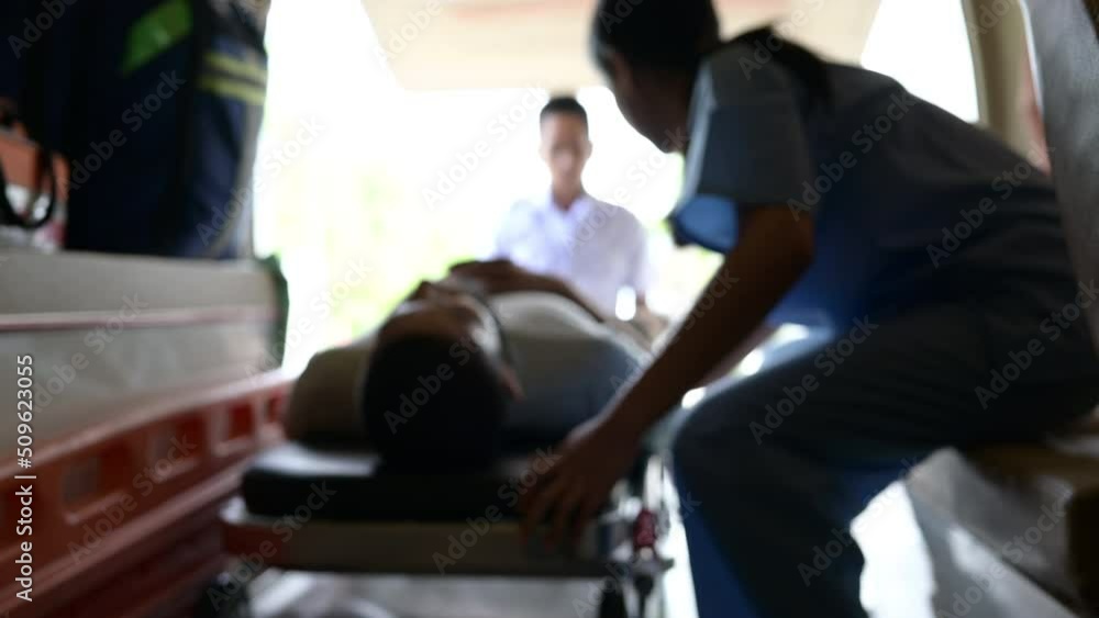 First aid assistance of the ambulance medical team with CPR method and hand-squeezed breathing apparatus First aid assistance of the ambulance medical team with CPR method and hand-squeezed breathing apparatus