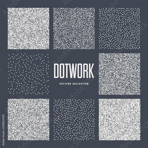 Square shaped dotted objects, stipple elements. Stippling, dotwork drawing, shading using dots. Pixel disintegration, halftone effect. White noise grainy texture, pattern. Vector illustration