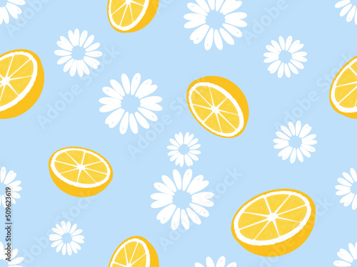 Seamless pattern with lemons and white flower on blue background vector illustration.