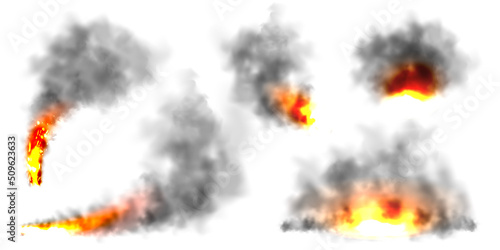Black realistic smoke, dust clouds isolated on white background. Dirty polluted smog or fog. Air pollution, mist effect. Smoke from fire or explosion. Vector illustration