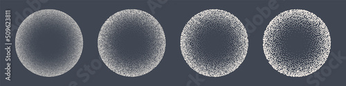 Round shaped dotted objects, stipple elements. Fading gradient. Stippling, dotwork drawing, shading using dots. Pixel disintegration, halftone effect. White noise grainy texture. Vector illustration