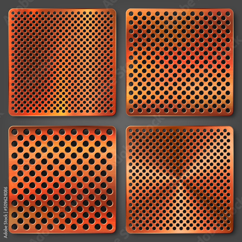 Realistic copper banners collection. Brushed stainless steel plate. Polished metal surface. Scratched industrial texture, perforated metal background. Vector illustration.