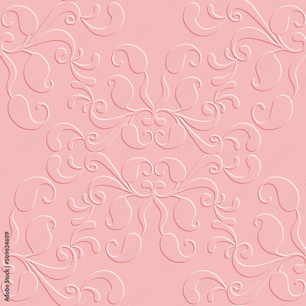 3d textured emboss Paisley seamless pattern. Embossed floral pink  background. Surface repeat folkloric backdrop. Emboss paisley flowers lines ornament. Relief grunge texture with embossing effect