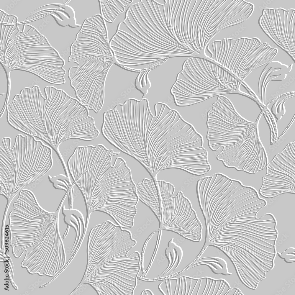3d embossed lines floral seamless pattern. Textured beautiful flowers relief background. Repeat emboss white backdrop. Surface leaves, flowers. 3d line art flowers ornament with embossing effect. Art - obrazy, fototapety, plakaty 
