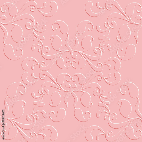 3d textured emboss Paisley seamless pattern. Embossed floral pink background. Surface repeat folkloric backdrop. Emboss paisley flowers lines ornament. Relief grunge texture with embossing effect