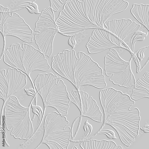 3d embossed lines floral seamless pattern. Textured beautiful flowers relief background. Repeat emboss white backdrop. Surface leaves, flowers. 3d line art flowers ornament with embossing effect. Art photo