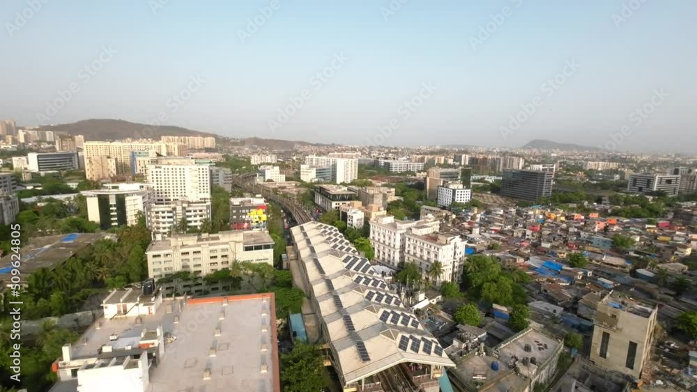 drone shot birds-eye view andheri marol metro station top view Mumbai India wide angle green city drone shot birds-eye view andheri marol metro station top view Mumbai India wide angle green city