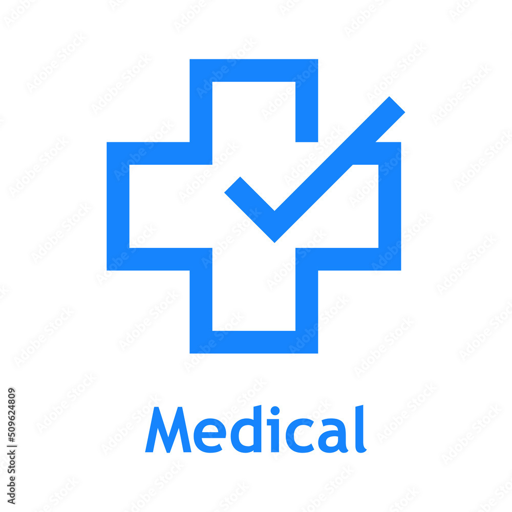 Logotipo con texto Medical con cruz con forma de casilla de verificación con checkmark con líneas en color azul Logotipo con texto Medical con cruz con forma de casilla de verificación con checkmark con líneas en color azul