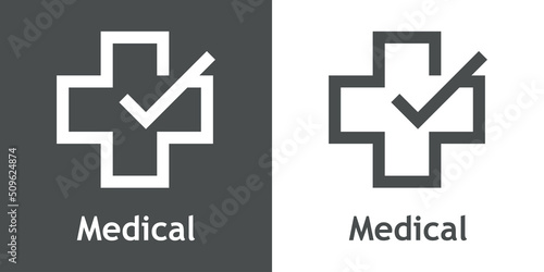 Logotipo con texto Medical con cruz con forma de casilla de verificación con checkmark con líneas en fondo gris y fondo blanco
