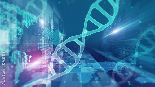 DNA, digital science, futuristic technology and modern medical research.