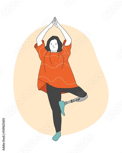 Young special woman doing Yoga. A girl with Prosthetic Leg in Yoga pose doing exercise and meditation. People with disabilities, prosthesis, amputation, inclusion. Vector illustration.