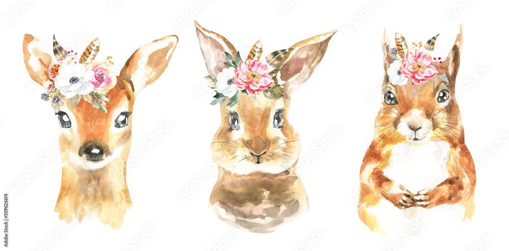 Watercolor woodland animal set of forest isolated cute animals. Baby deer, bunny,fawn squirrel. Woodland animals face,head watercolor.Nursery woodland illustration.Bohemian boho animal for baby shower