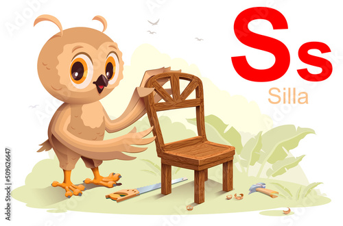 Spanish alphabet abc order letter S silla translation stool