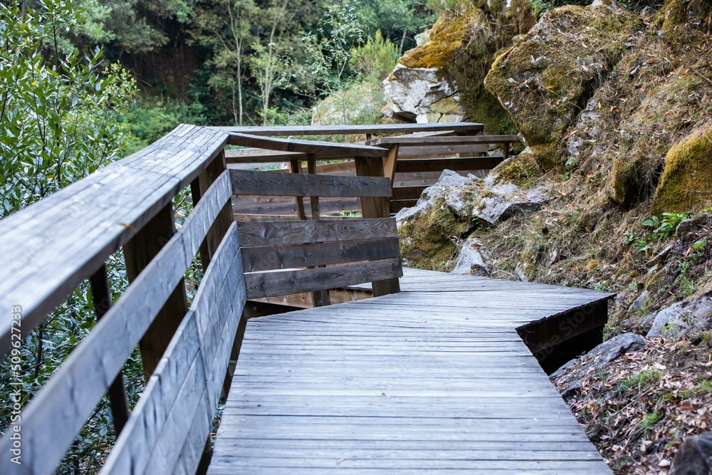 Arouca Geopark, wooden walkway on the bank of Paiva River, in the hydrographic basin of the Douro River Arouca Geopark, wooden walkway on the bank of Paiva River, in the hydrographic basin of the Douro River